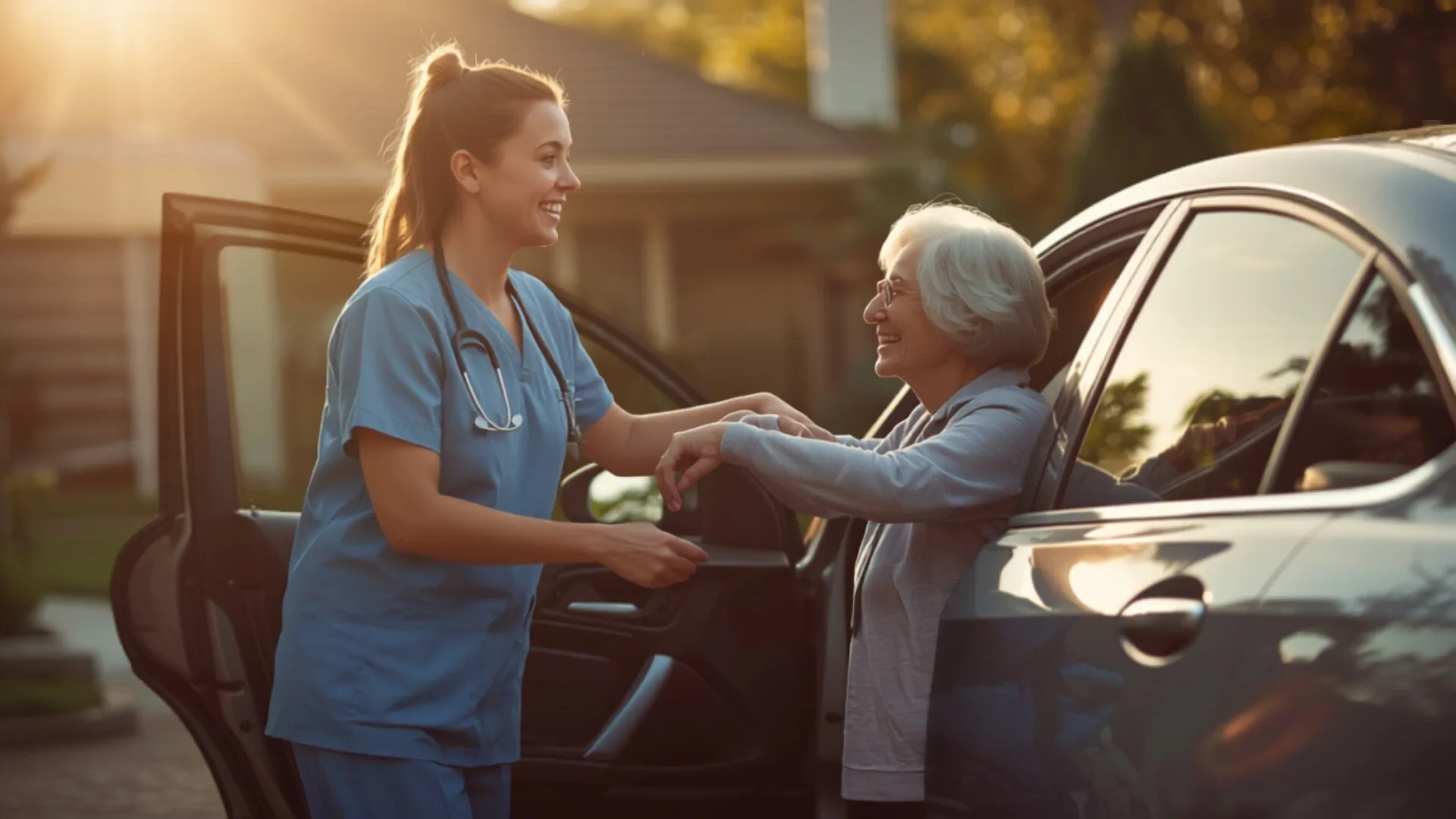 Angels Over Us caregiver helping a Central Illinois senior get ready for a caregiver-accompanied transportation trip